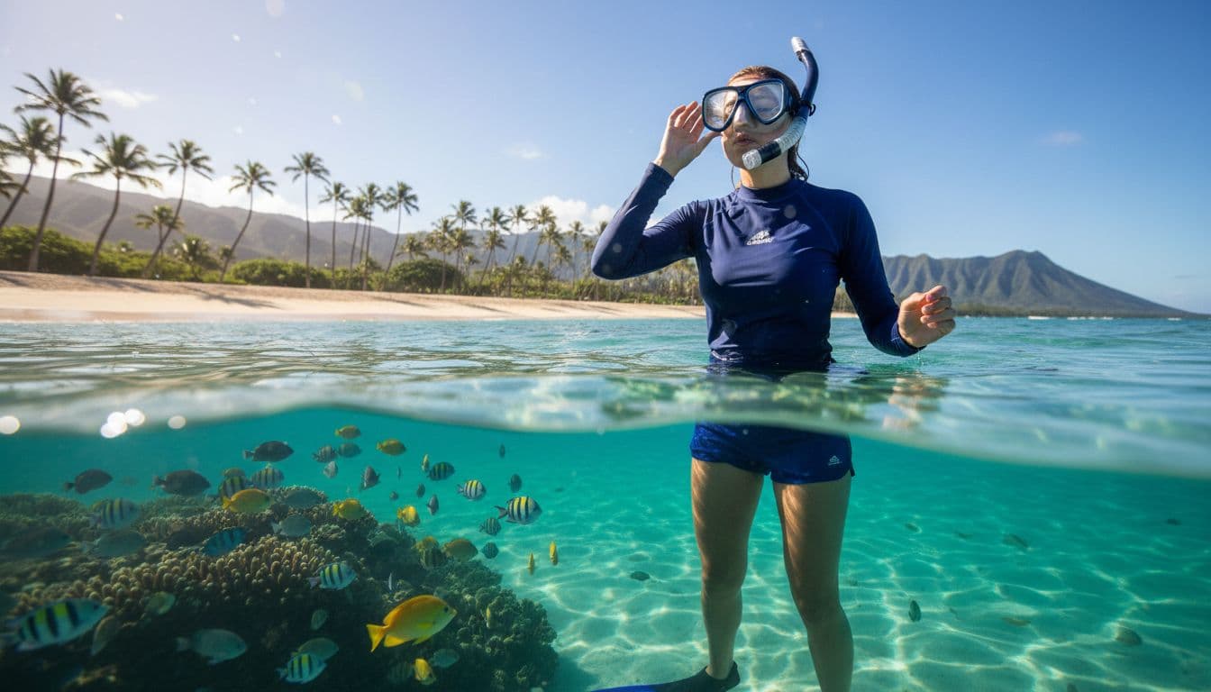 Solo snorkeler stands in chest-deep turquoise ocean water on Oahu beach, adjusting mask with fish below surface.