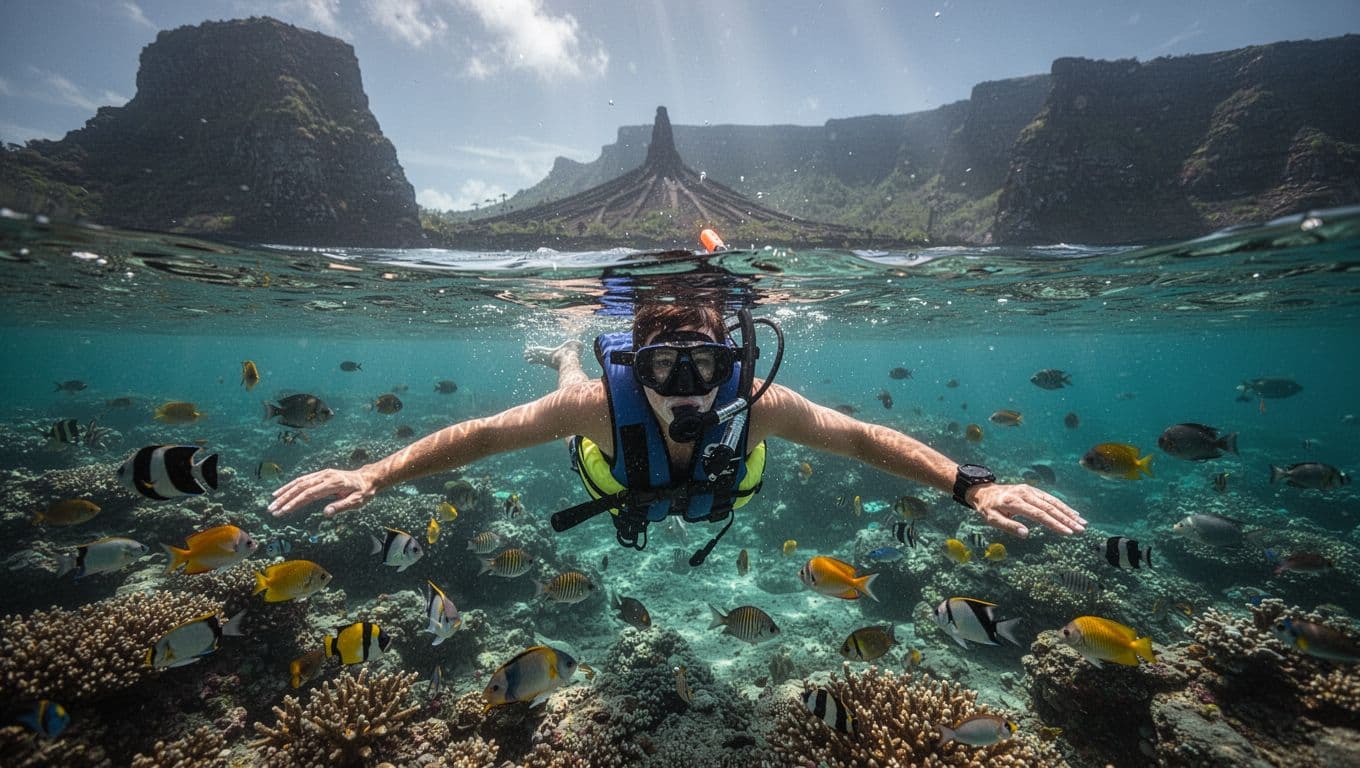 A solo beginner snorkeler wearing a float belt gently floats face-down in crystal-clear turquoise water over a vibrant coral reef with colorful tropical fish, Kealakekua Bay cliffs in the background.