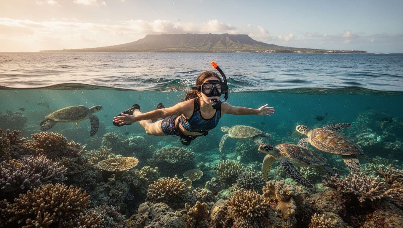 A relaxed beginner snorkeler in calm turquoise waters over a colorful coral reef, with Hawaiian green sea turtles swimming nearby and Waikiki shoreline in the distance. Cinematic golden hour lighting highlights the serene scene in Turtle Canyon.