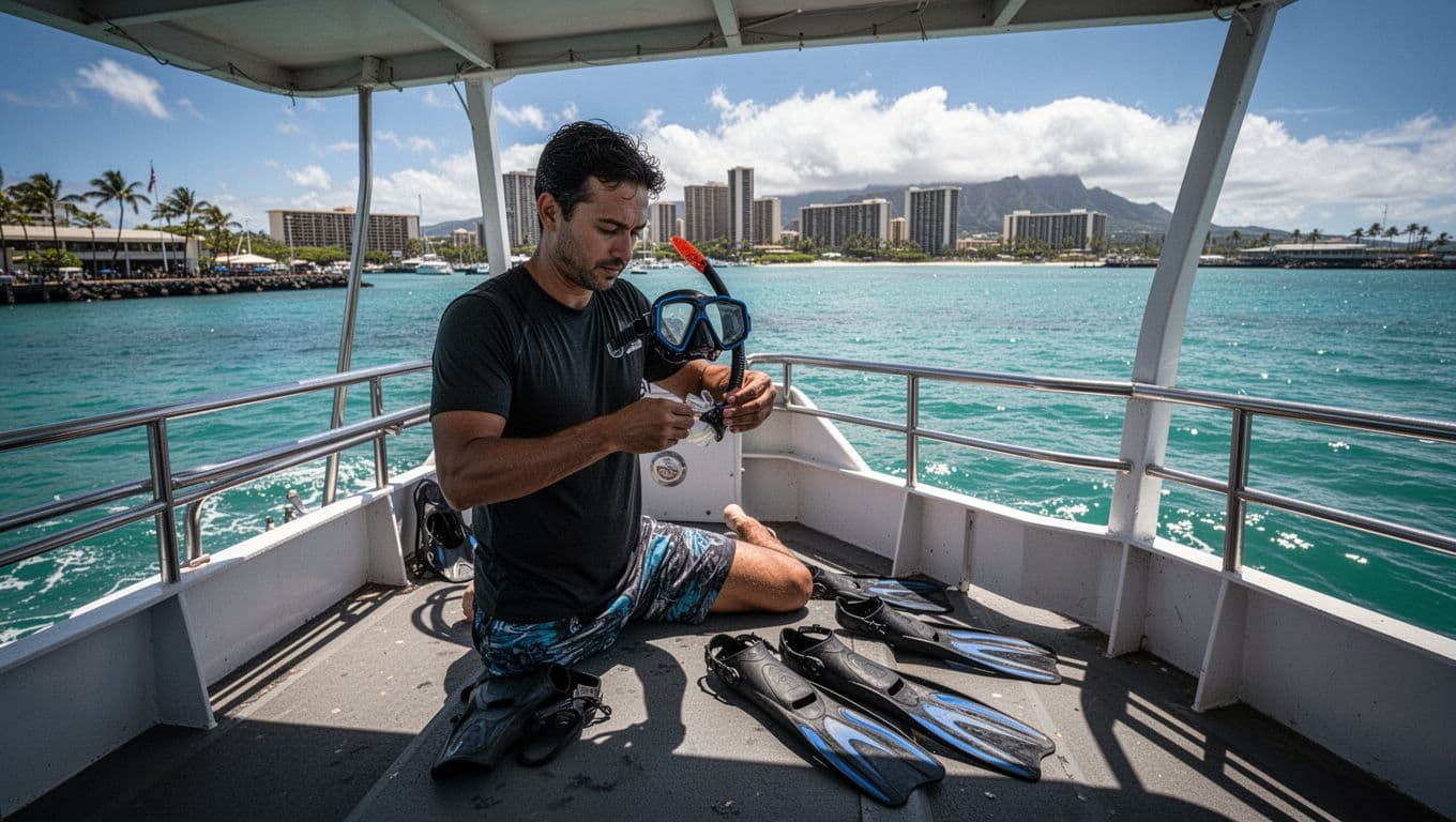 On the deck of a double-decker tour boat at Kewalo Basin harbor, a beginner adult adjusts snorkel mask strap and fins under dramatic Hawaiian sunlight, with turquoise ocean and Waikiki skyline in the background.
