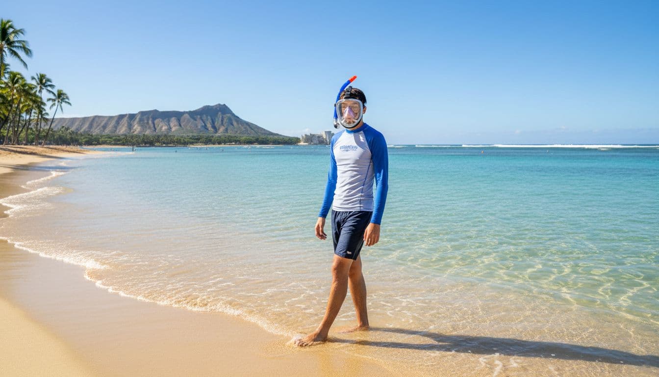 A young adult beginner snorkeler in rash guard and snorkel mask stands relaxed on a sunny Waikiki beach, one foot in shallow turquoise ocean water with gentle waves, palm trees and Diamond Head volcano in the background.