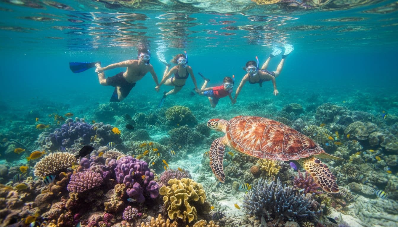 A diverse group of first-time snorkelers, including a couple and a family with two kids, floats calmly in shallow crystal-clear turquoise waters off Waikiki, Oahu, gazing at a Hawaiian green sea turtle amid colorful coral reef and tropical fish.