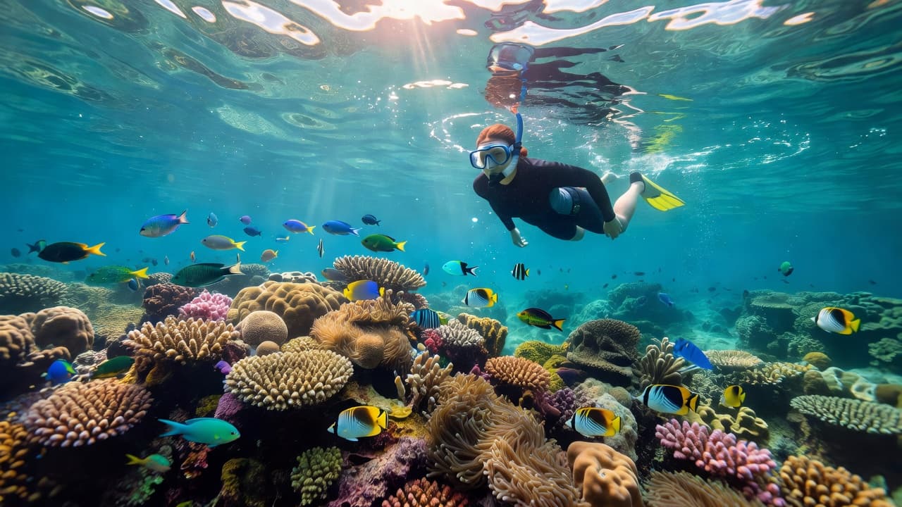 A snorkeler swims near the surface of calm turquoise ocean waters, observing colorful coral formations and tiny tropical fish swimming below. The bright sunlight creates sparkling highlights across the clear sea.