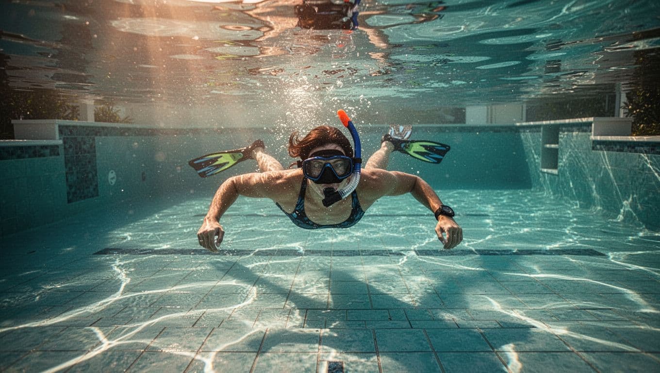 A confident swimmer practices snorkeling by floating face down in a bright turquoise residential pool on a sunny golden hour day, equipped with mask, snorkel, and fins, clear water showing pool bottom.