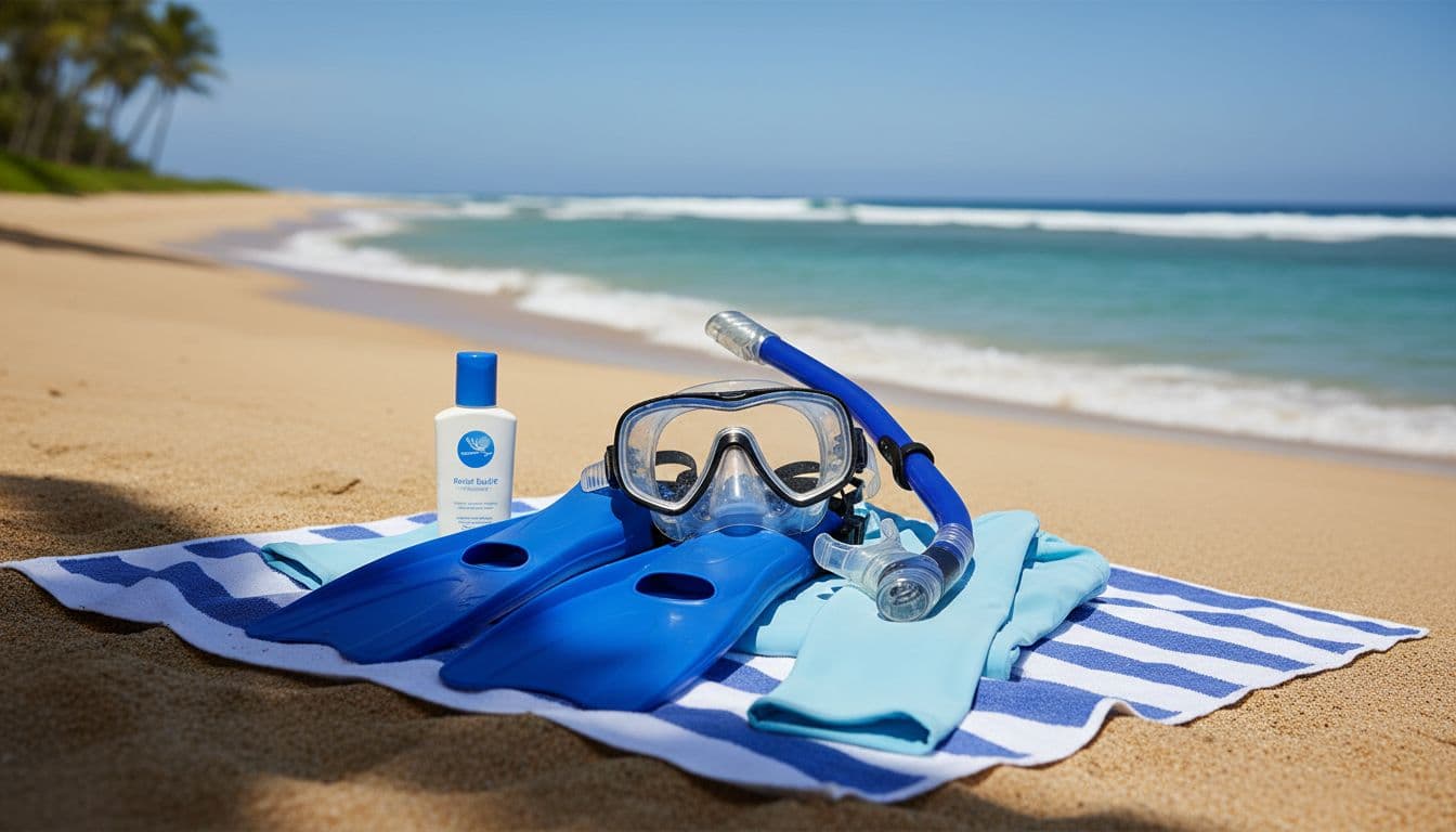 Mask, snorkel, fins, rash guard, and sunscreen bottle arranged on beach towel with ocean background.