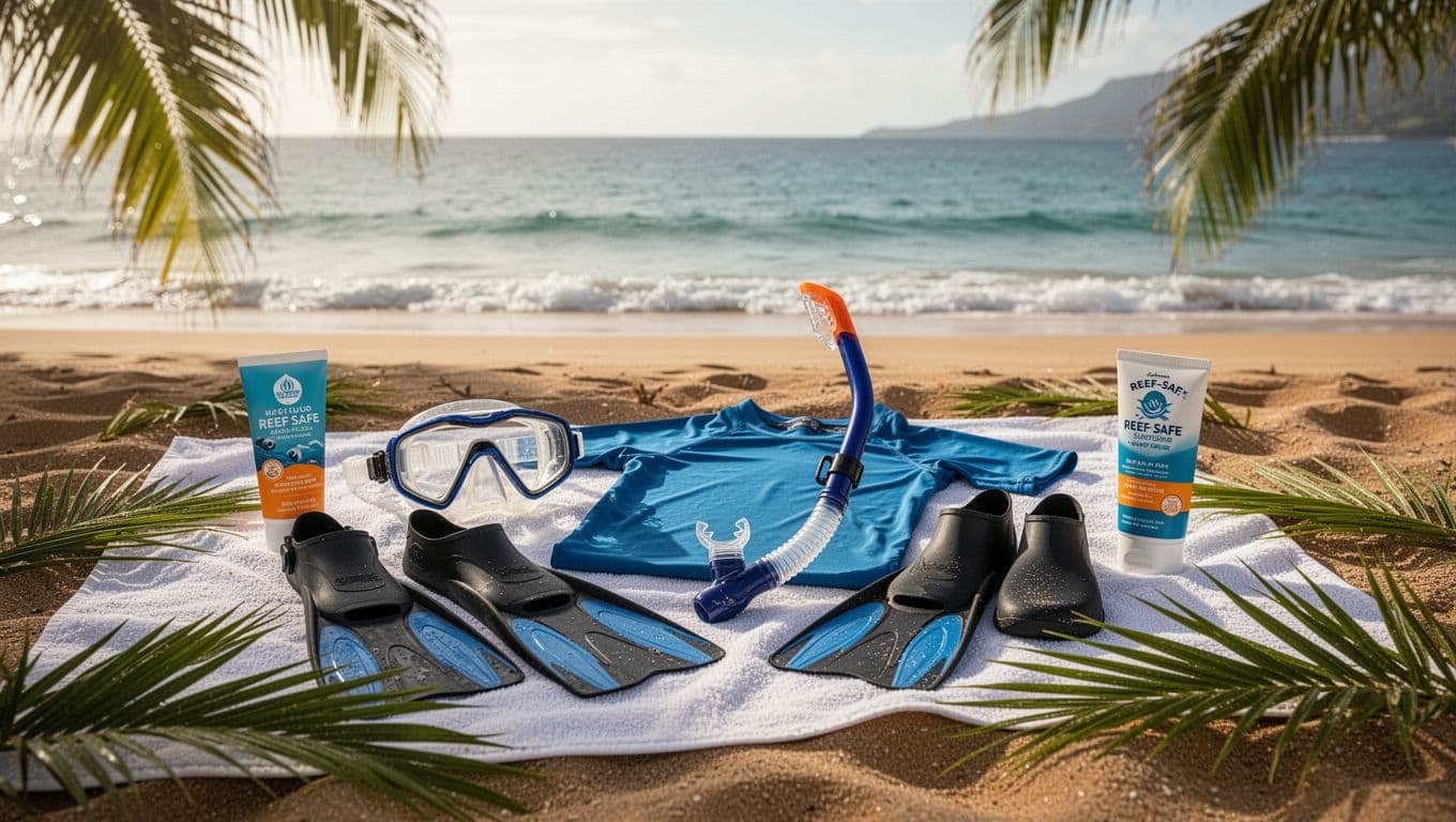 Snorkeling mask, snorkel, fins, rash guard, booties and sunscreen on sandy Oahu beach towel with palm fronds and ocean background.