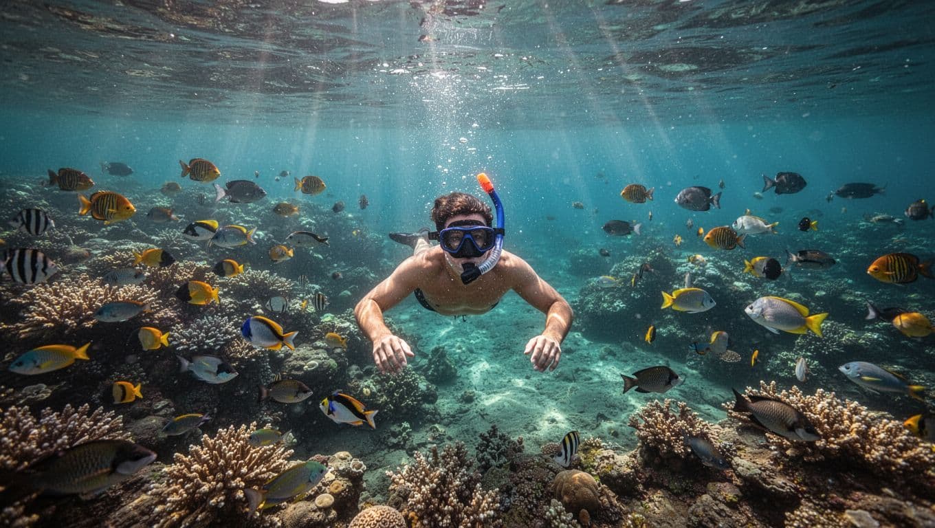 Beginner snorkeler with mask and snorkel exploring vibrant coral reef and schools of tropical fish in crystal clear turquoise waters of Kealakekua Bay, Big Island Hawaii.