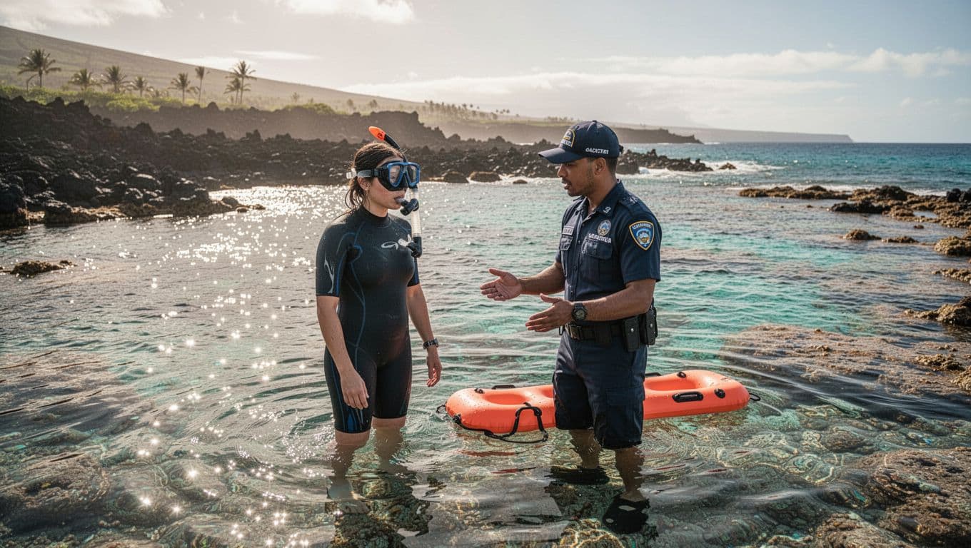 A guide supports a nervous beginner in shallow Hawaiian water.
