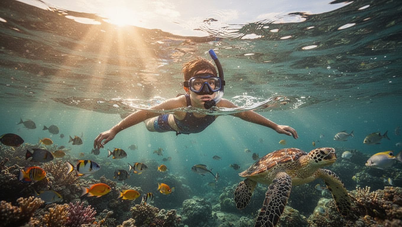 A nervous beginner snorkeler floats gently on calm turquoise waters off Oahu's Waikiki coast, viewing colorful reef fish and a Hawaiian green sea turtle below, captured in cinematic golden hour lighting with dramatic rays piercing the surface.