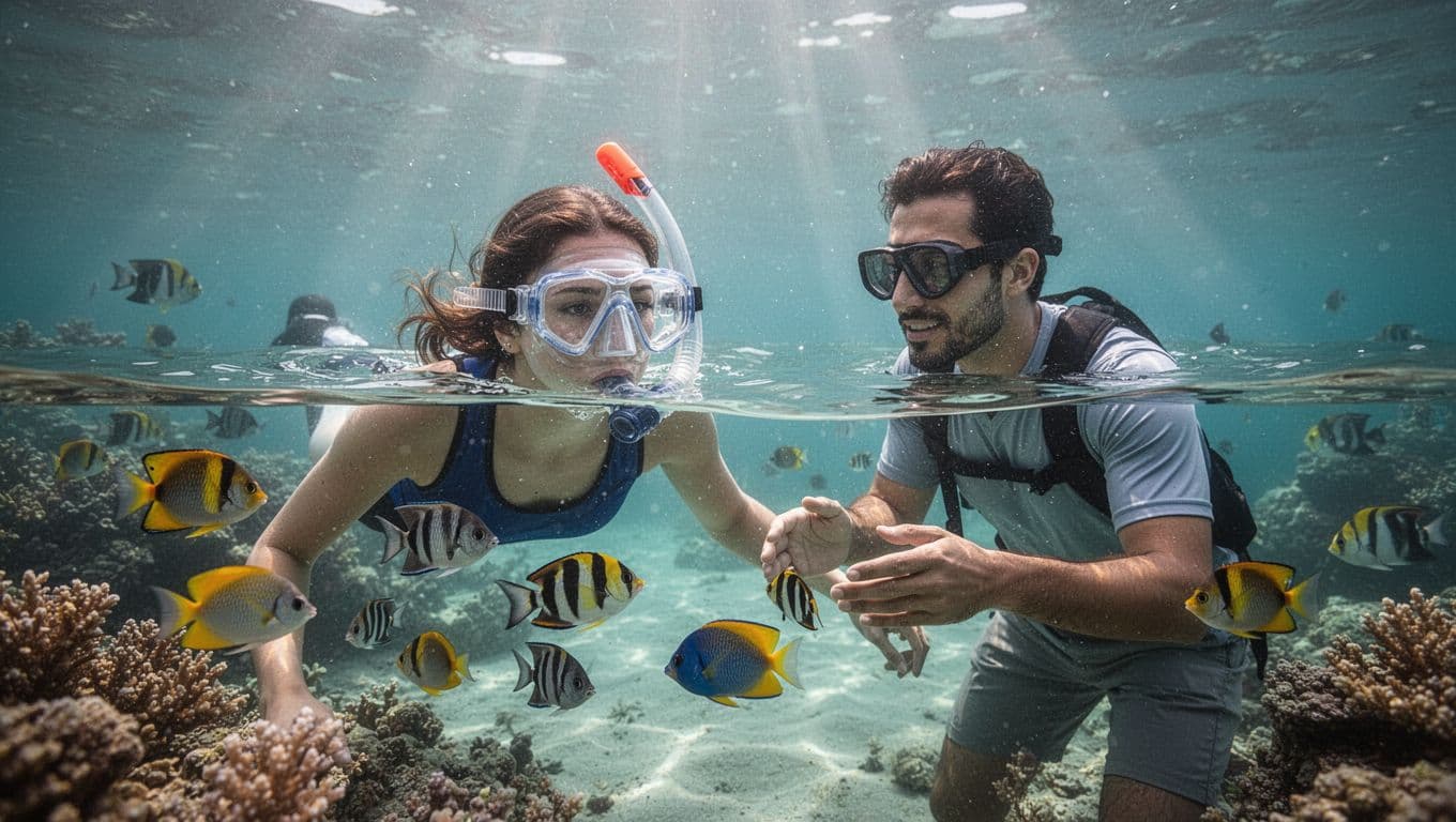 A person practices snorkeling in shallow turquoise water while a professional guide provides nearby support.