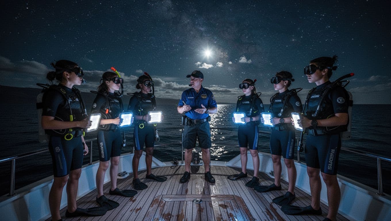 Diverse group of five first-time snorkelers on a boat deck at night hold lighted boards as the captain briefs them before entering calm Kona waters for a manta ray snorkel under a starry sky.