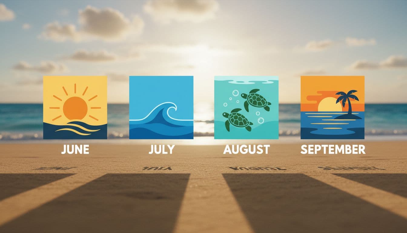 Calendar view highlighting summer months June to September with icons of sun, calm sea, and turtles on a soft beach background, in cinematic style with strong contrast, depth, and dramatic lighting.