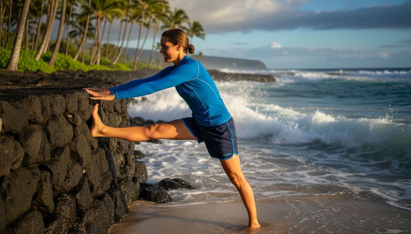 Fit person in rash guard and swim shorts does calf stretch against rocky beach wall with ocean waves and palm trees behind.