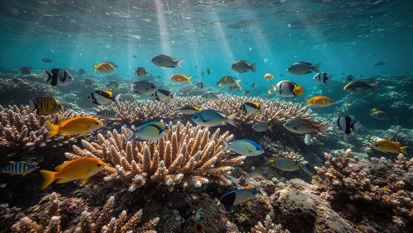 Tropical fish swim above a sunlit coral reef in clear turquoise water.