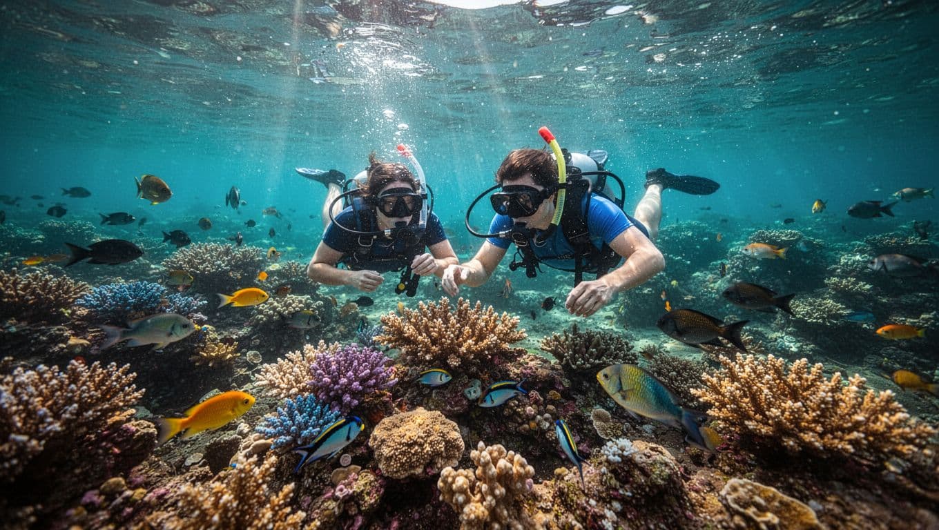 A snorkeler studies colorful coral and fish in clear Hawaiian water.