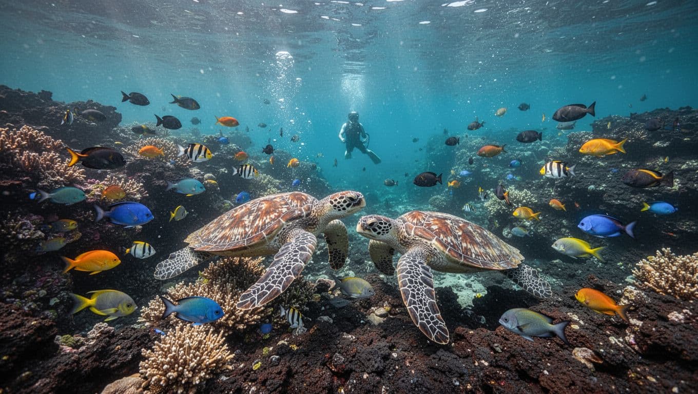 Diverse coral reef teeming with colorful tropical fish and sea turtles in clear turquoise waters off Big Island, Hawaii, sunlight filtering through lava rock formations with a distant snorkeler silhouette.