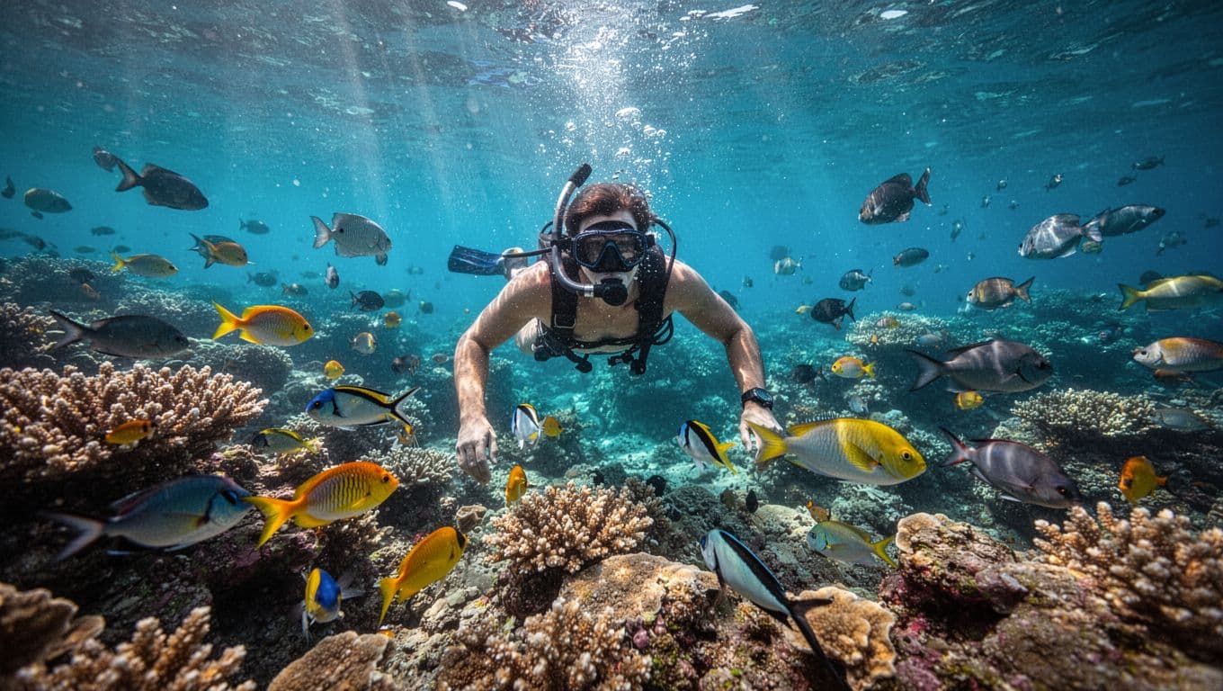 Snorkelers explore a colorful coral reef among tropical fish in clear blue water.
