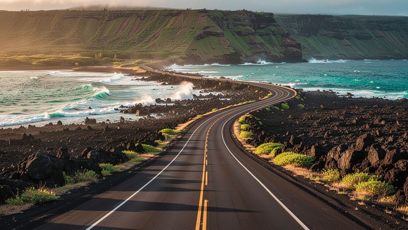 Winding coastal highway drive from Hilton Waikoloa Village south toward Kealakekua Bay on Big Island Hawaii, with black lava fields, turquoise ocean waves crashing on rocky shores, distant green cliffs, and golden hour sunlight creating dramatic highlights and shadows.