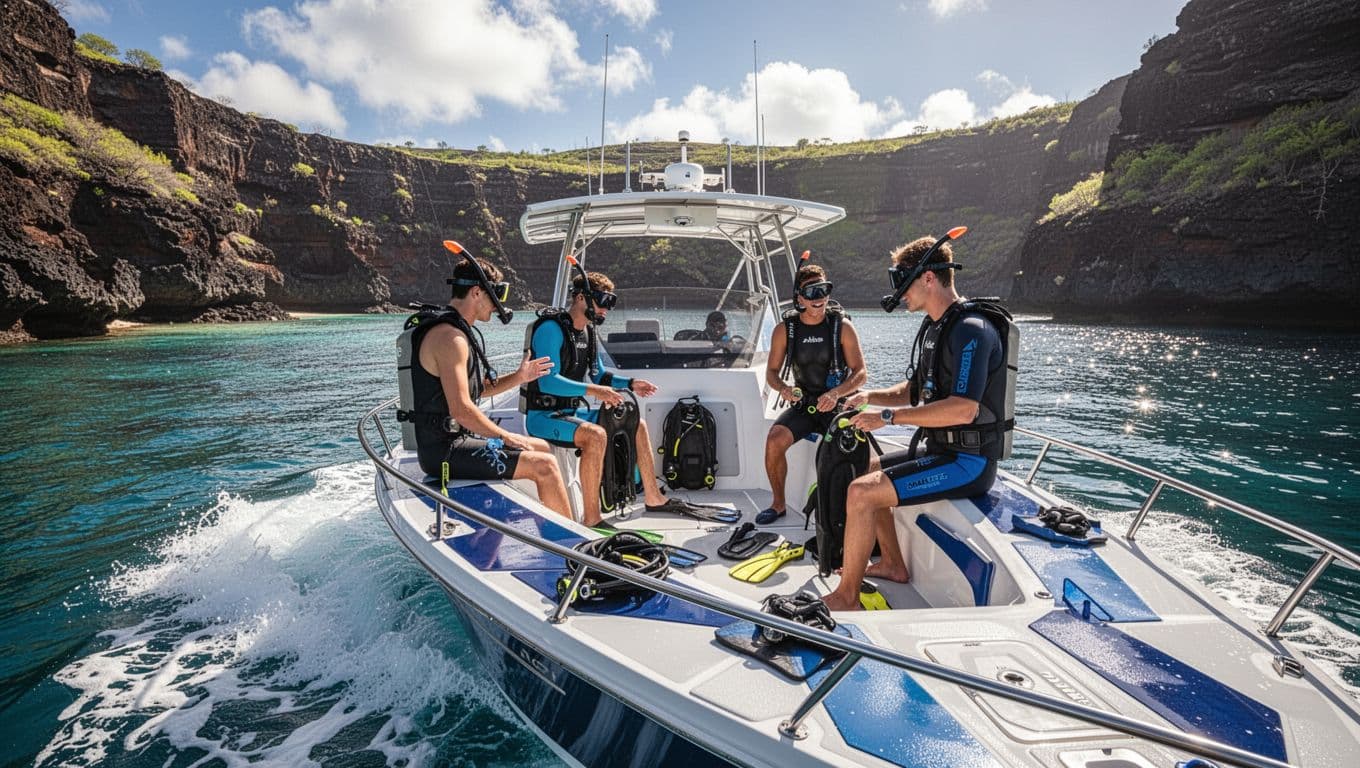 A small group of four excited people in snorkel gear prepares to snorkel from a modern boat anchored in a pristine bay with clear waters and cliffs on Big Island, Hawaii, under a sunny sky with gentle waves and dramatic cinematic lighting.