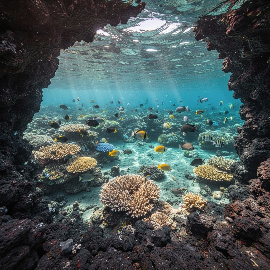 A vibrant turquoise bay on the Big Island features volcanic rocks and underwater coral reefs.