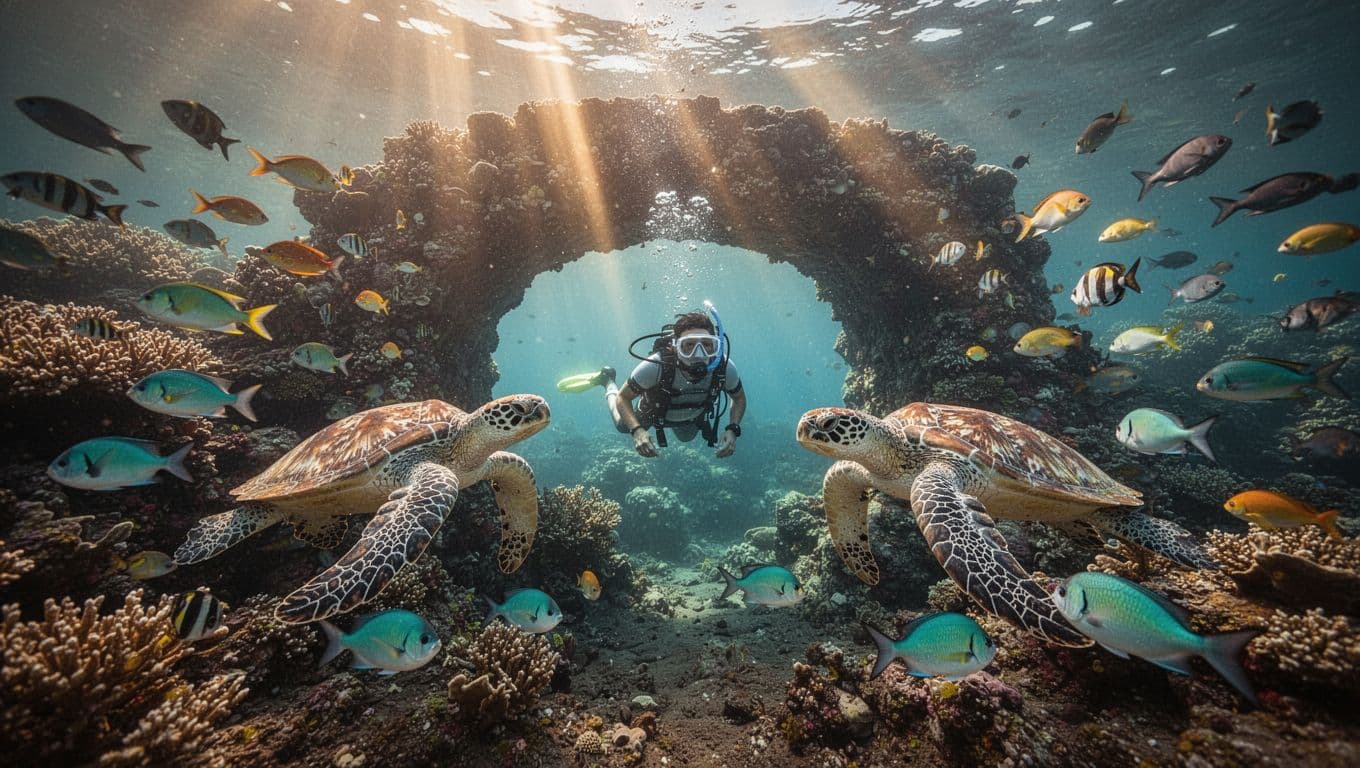 Vibrant coral reef near Kona on Big Island Hawaii teeming with tropical fish and sea turtles, snorkeler exploring underwater archway with sunlight rays filtering through turquoise water. Cinematic style featuring strong contrast, depth, and dramatic lighting.