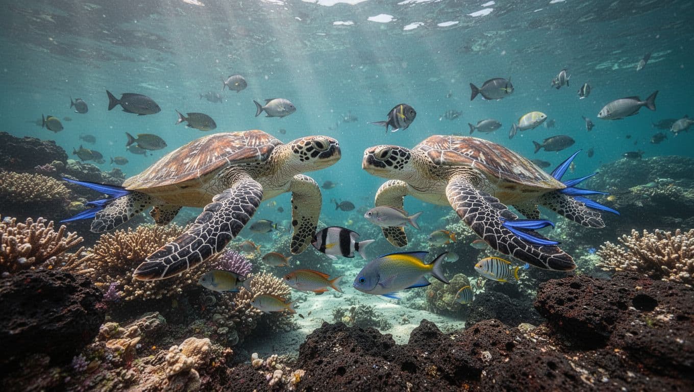 Vibrant coral reef with tropical fish and exactly two sea turtles in clear turquoise waters and lava rocks during daytime snorkeling near Kona on Big Island, Hawaii. Sunlight filters through the surface creating cinematic style with strong contrast, depth, and dramatic lighting.