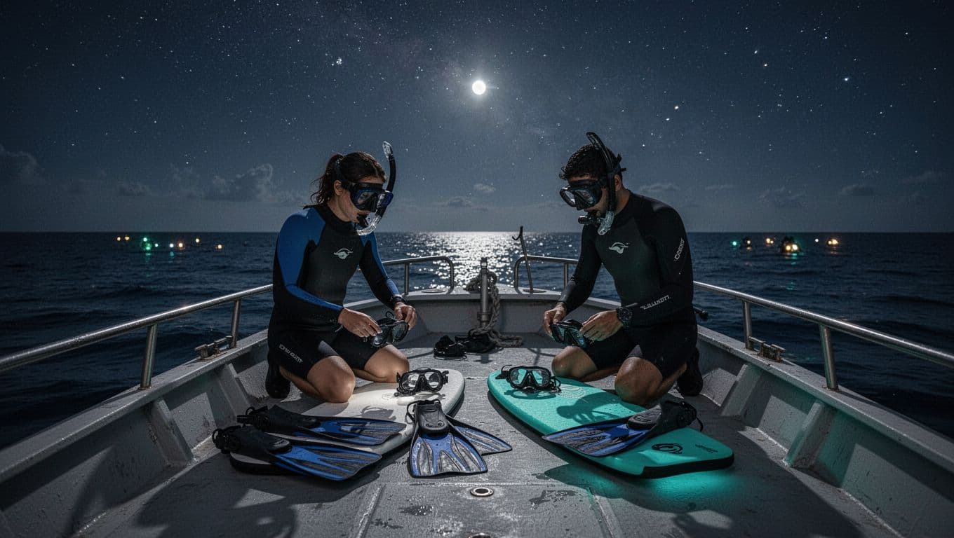 Four snorkelers on a small boat deck at night arrange masks, fins, shorty wetsuits, and flotation boards for a Big Island manta ray snorkel under starry skies with dramatic lighting.