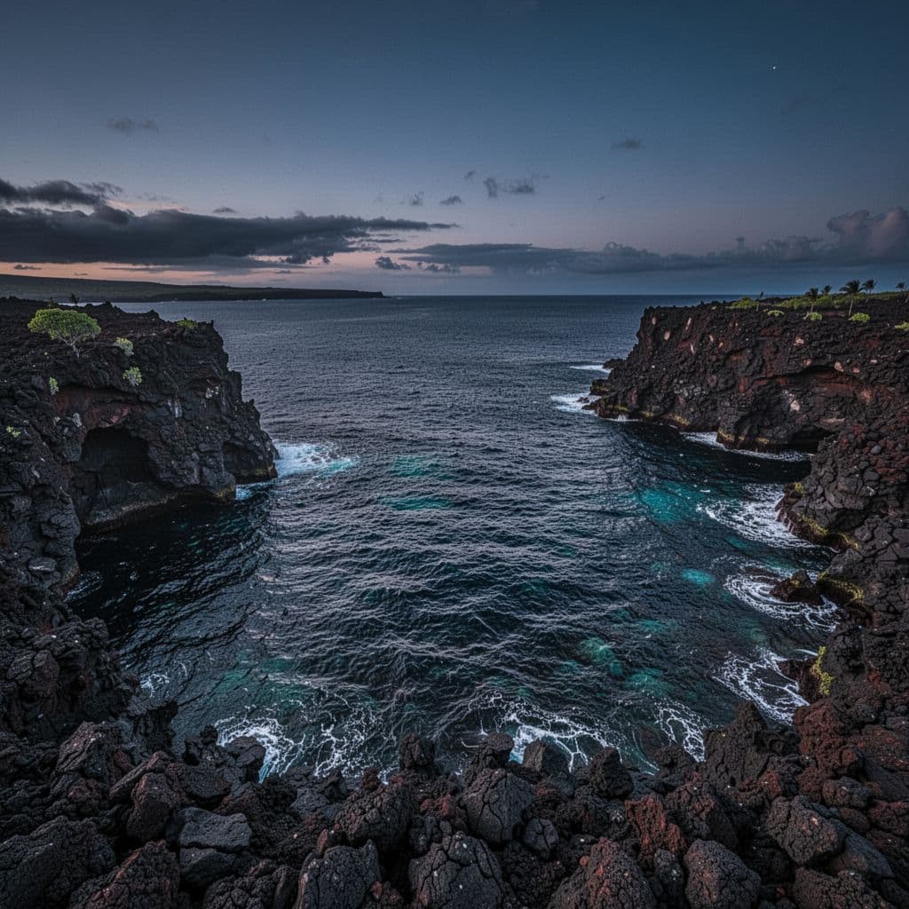 Dark blue ocean waves wash against a rocky volcanic shoreline during a serene twilight.
