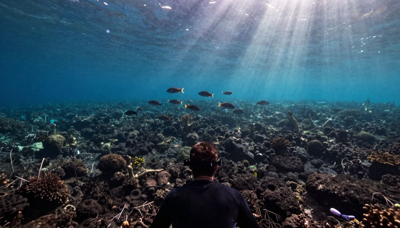 A snorkeler watches fish schools above a lava reef in clear Hawaiian water.