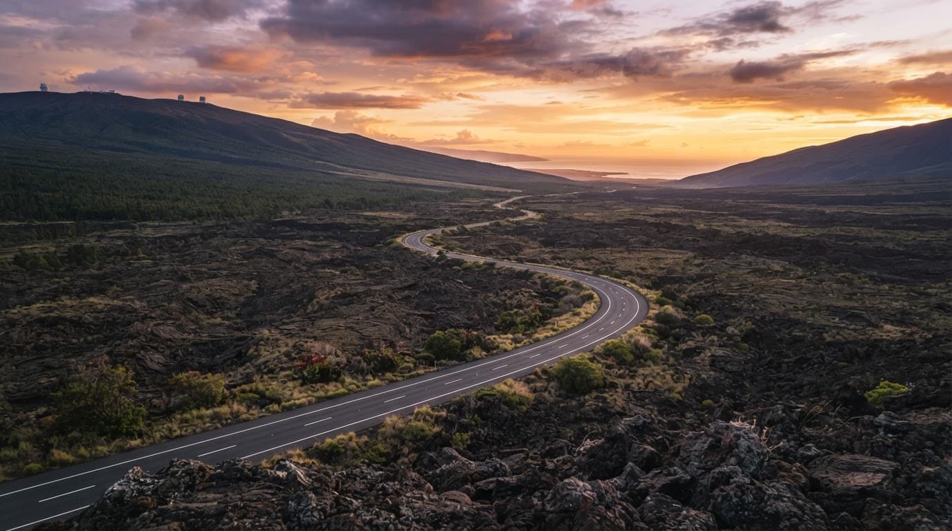 A winding highway crosses volcanic terrain between mountains and the ocean.