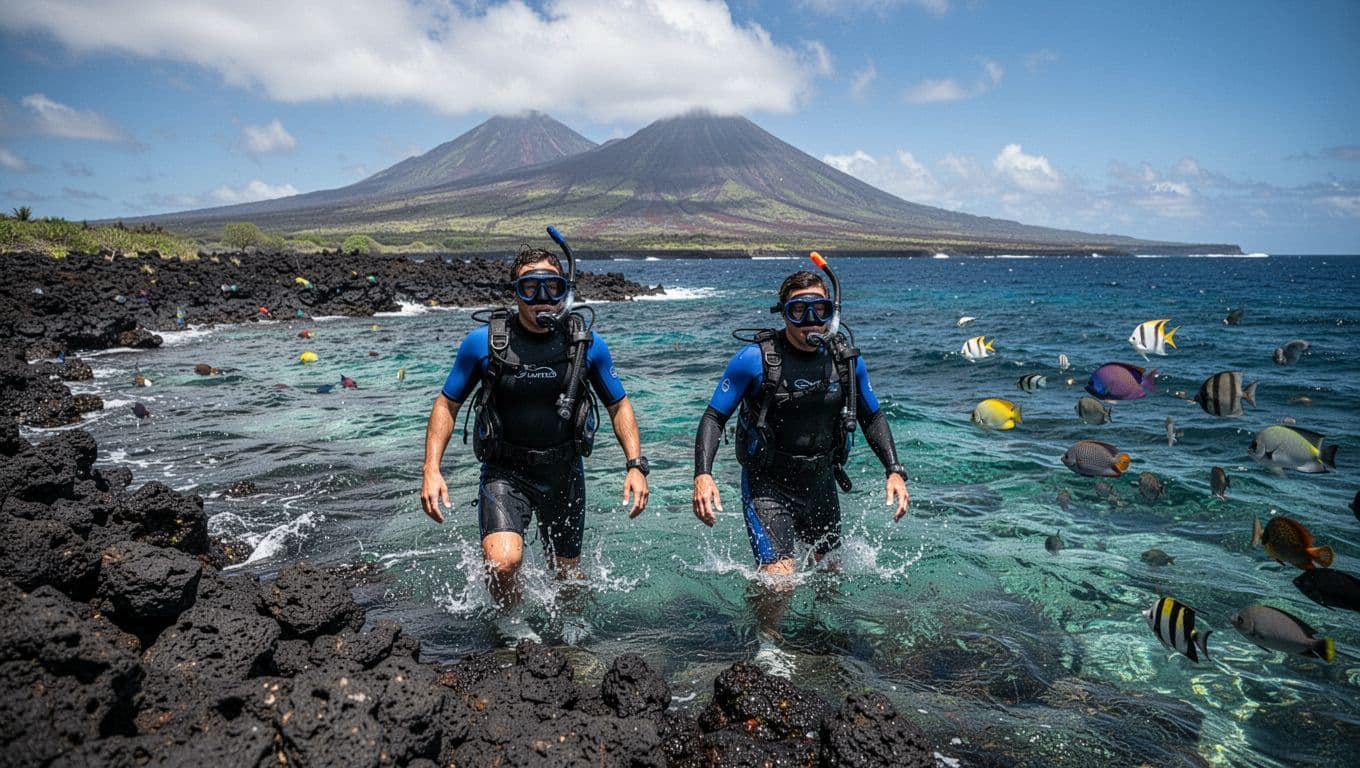 Two snorkelers wade from black lava rock shore into clear turquoise Big Island Hawaii waters, with colorful fish visible underwater and distant volcano landscape.