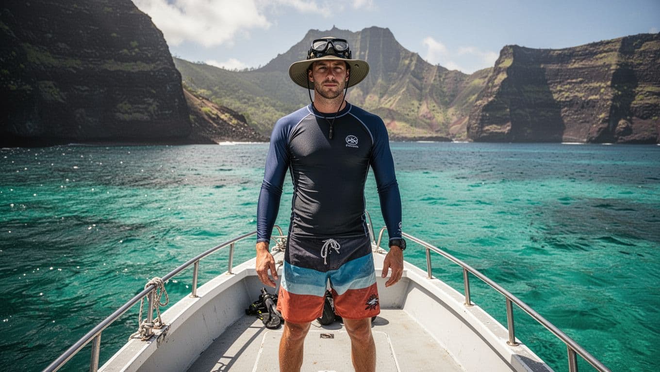 A fit adventurer wearing a rash guard shirt, board shorts, and sun hat stands relaxed on the deck of a small snorkel boat, with turquoise ocean and distant Big Island cliffs under bright sunlight. Cinematic composition with strong contrast, depth, and dramatic lighting.