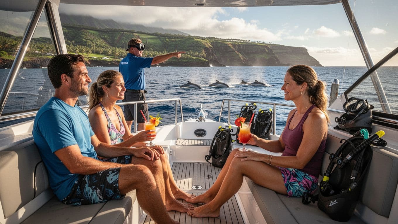 Four adventurers relax on snorkel boat deck with drinks, snacks, gear; guide points to dolphins against Hawaiian coast.