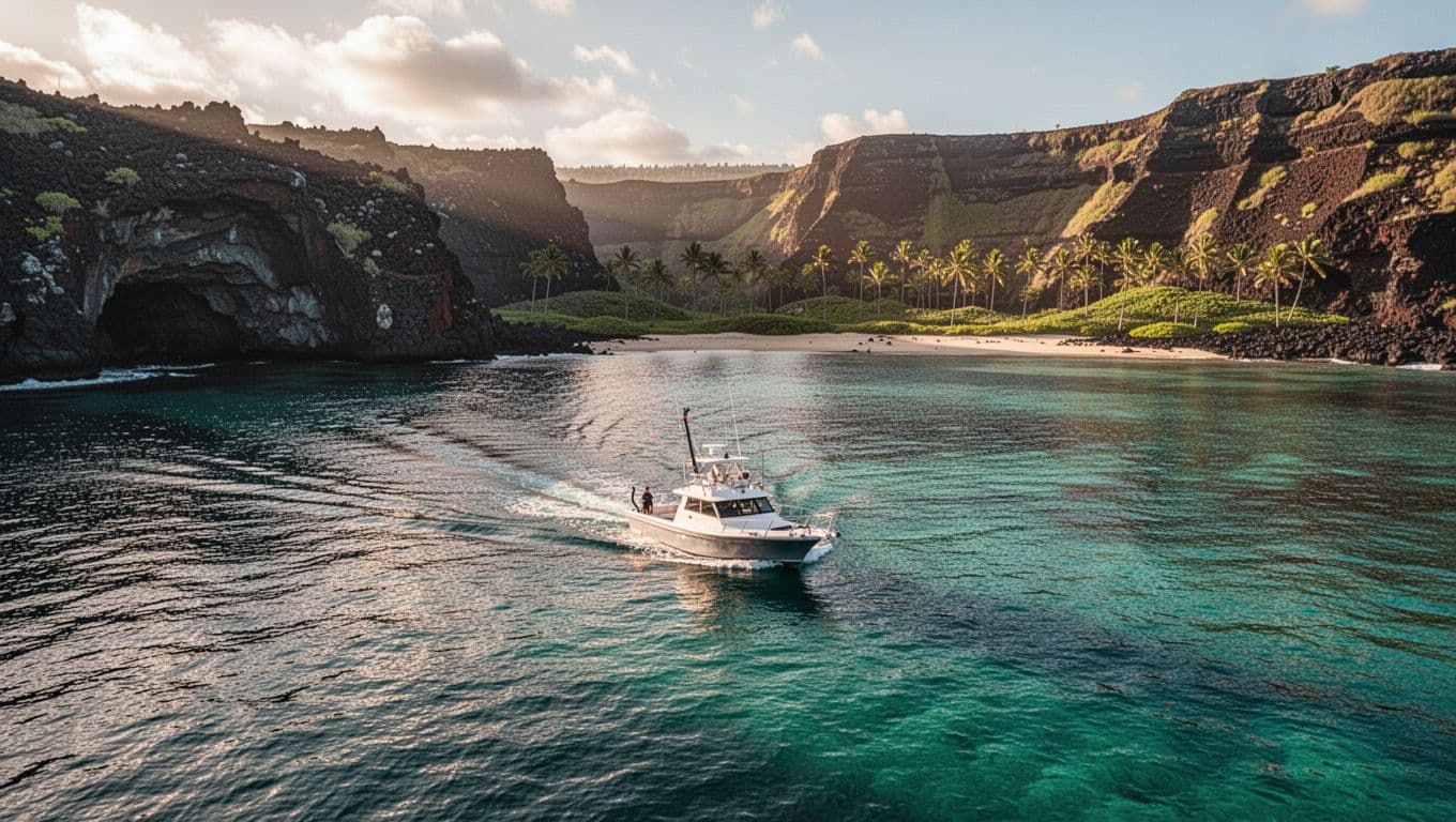 Small snorkel boat glides over turquoise waters by volcanic cliffs with distant palm shore in morning light.