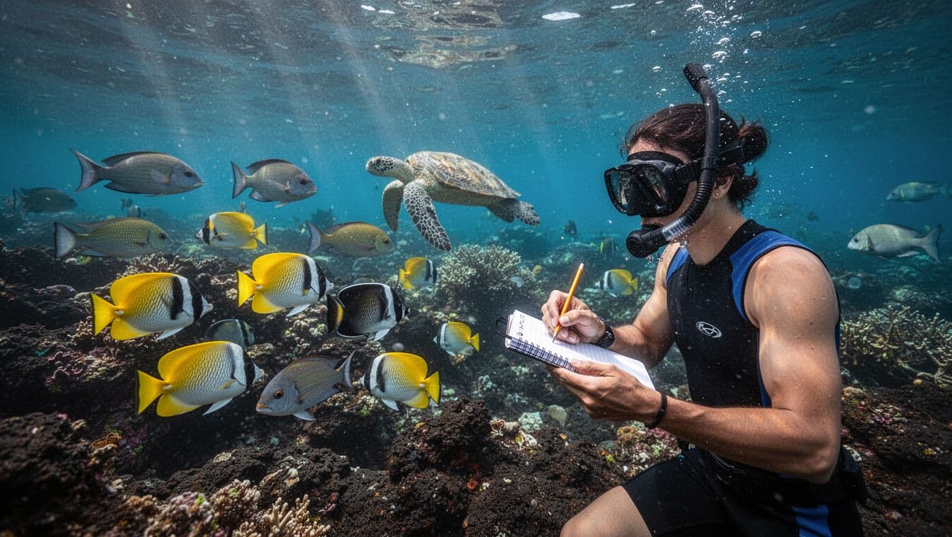 A snorkeler records marine life above a colorful Hawaiian reef.