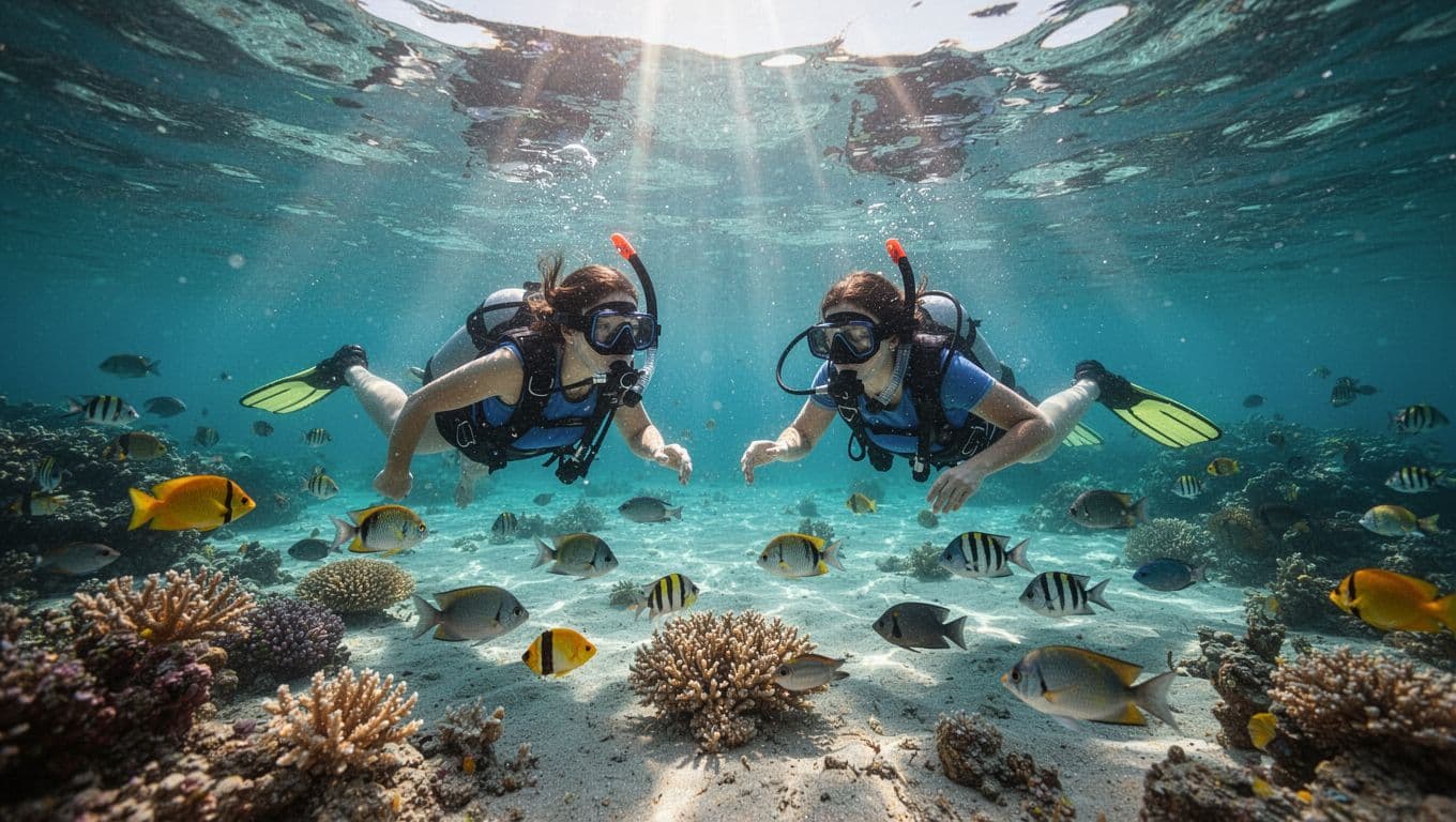 Two snorkelers watch colorful marine life beneath sunbeams in clear Hawaiian water.