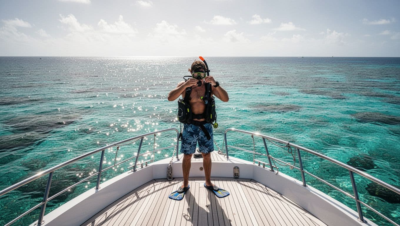 Traveler arranging snorkeling gear on a sunny boat deck above clear tropical water.