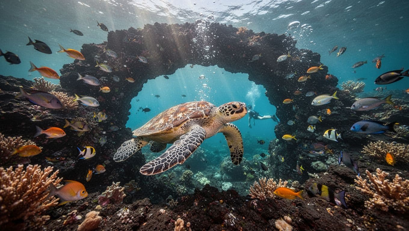 Vibrant underwater coral reef scene from Big Island snorkeling in Hawaii, featuring schools of colorful tropical fish around a black lava rock archway, a gliding green sea turtle, crystal-clear turquoise water with sunlight beams, and one distant snorkeler silhouette.