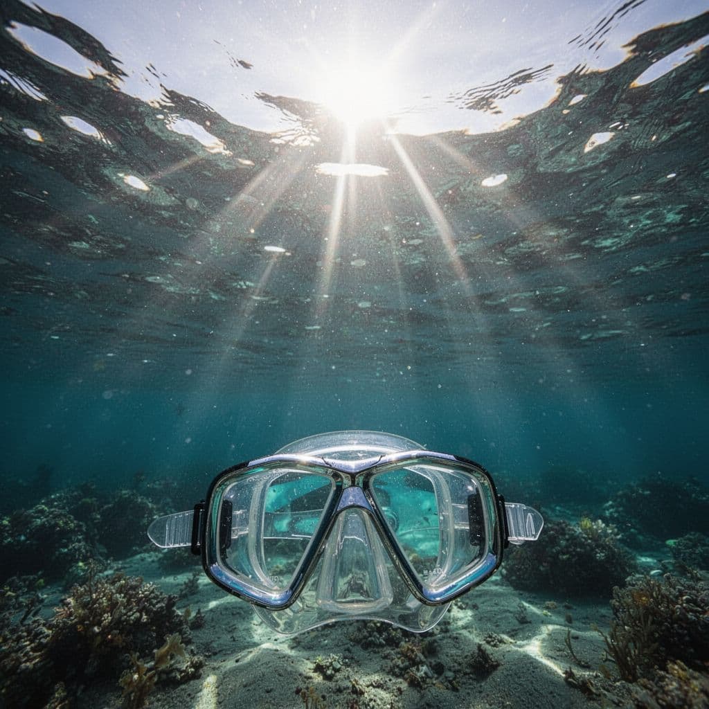 Sunlight rays pierce through clear tropical water as seen from behind a snorkel mask underwater.