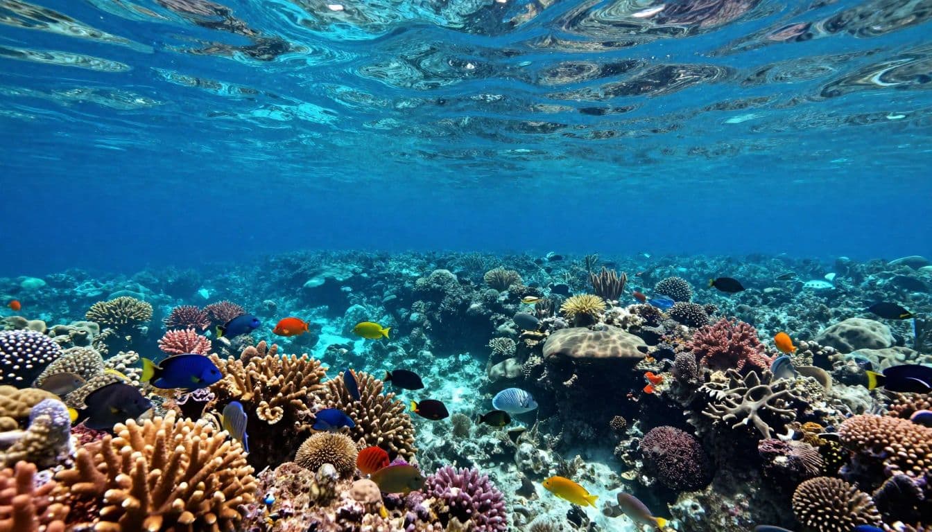 Sunlight rays pierce through the transparent blue water to illuminate a sprawling coral reef. Schools of tiny tropical fish swim between colorful structures in this calm and inviting marine ecosystem.