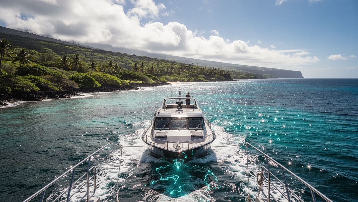 A tour boat cruises past the green Big Island coastline with one distant passenger.