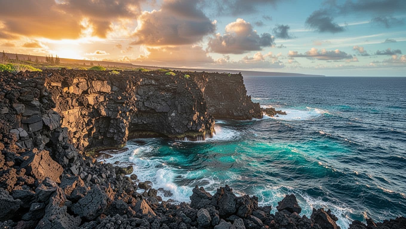 Black lava cliffs meet calm turquoise ocean beneath a golden sunset on Hawaii's Big Island.