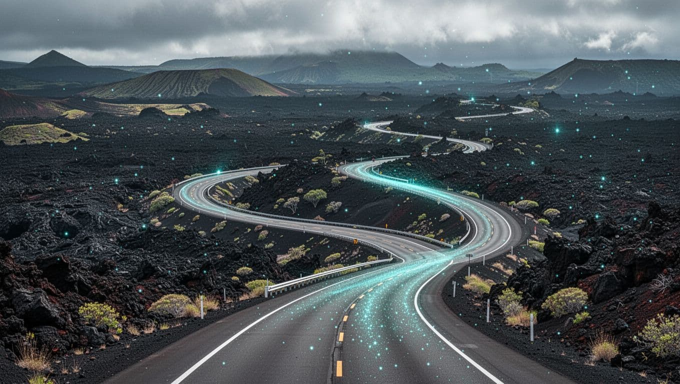 A winding road crosses dark lava fields beneath a vast sky.