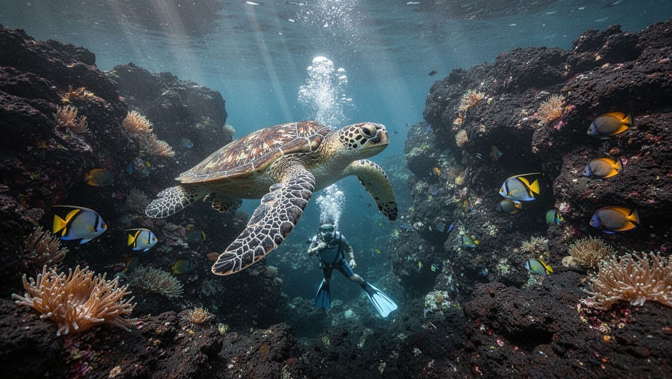 Sea turtles glide near lava boulders with anemones and butterflyfish in crevices, bubbles from snorkeler below.
