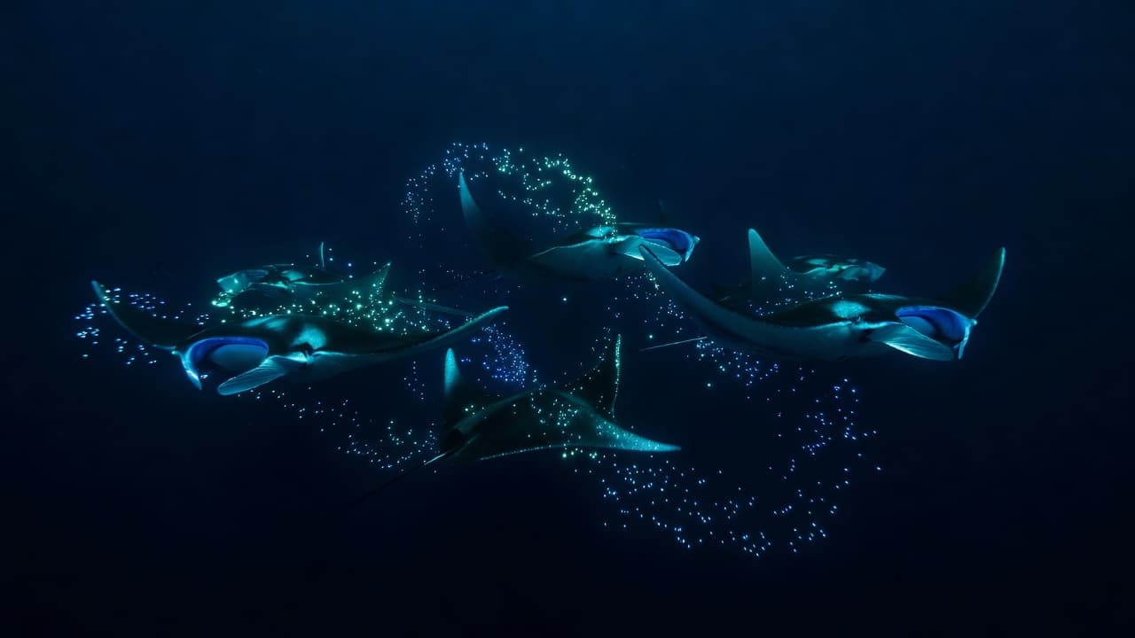Multiple manta rays glide through deep dark water, their expansive wingspans illuminated by glowing cyan bio-luminescent particles. The high contrast environment highlights the intricate details of their sleek, graceful bodies.