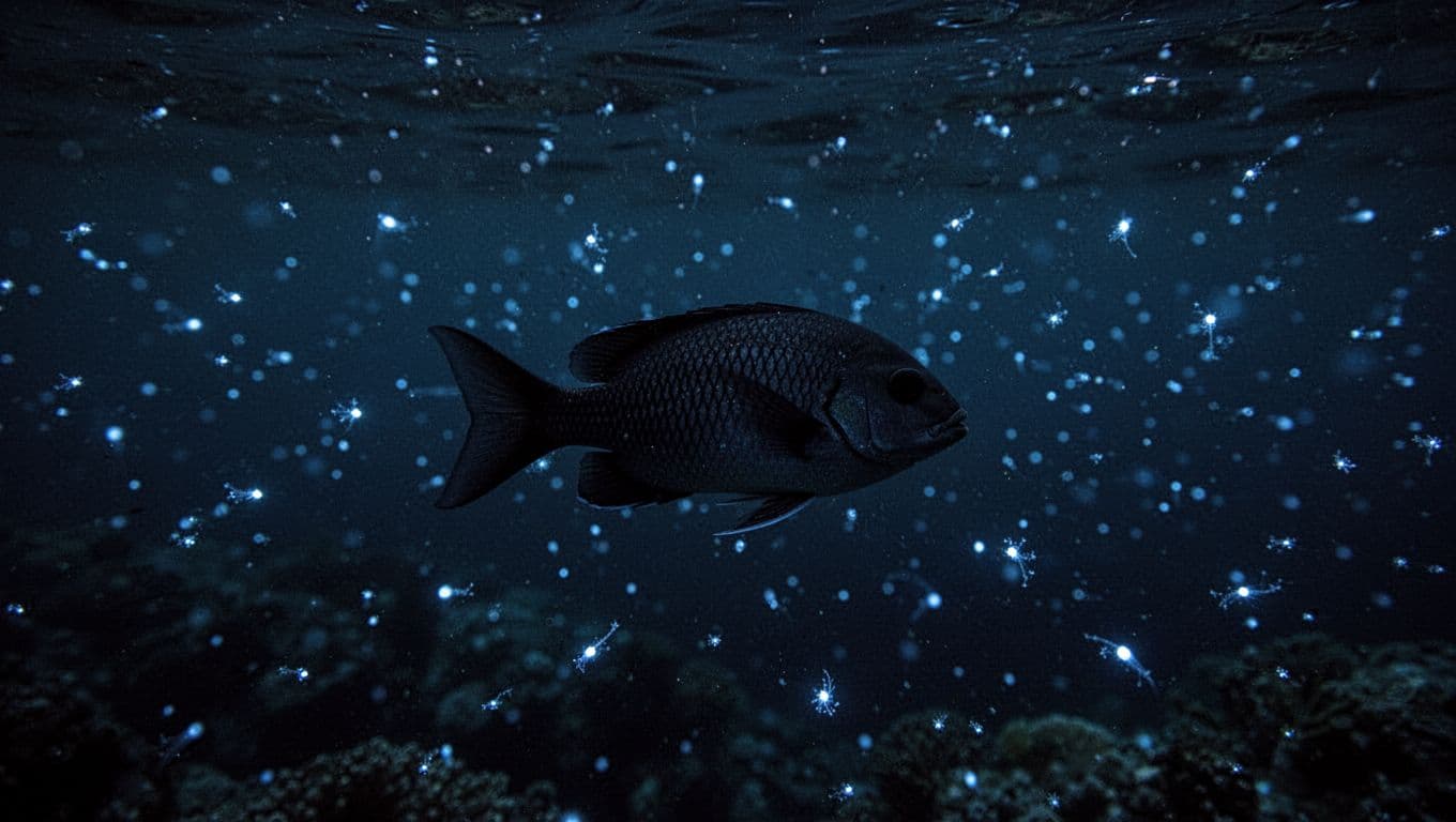 Bright blue bioluminescent plankton glow amidst the deep dark water with a faint reef fish silhouette.