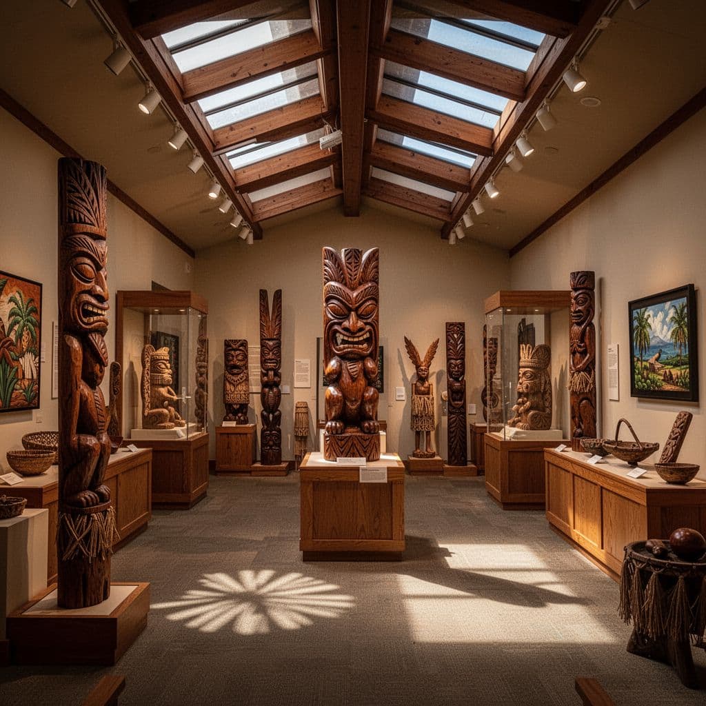 Wooden Hawaiian carvings and historical artifacts are displayed in a warmly lit museum gallery.
