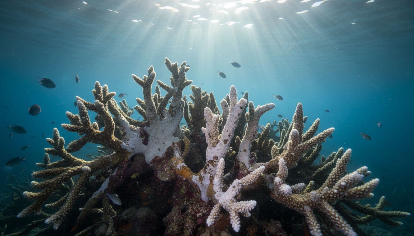 Close-up underwater view of white dead patches on branching coral skeleton in Oahu reef with sparse fish and light rays.