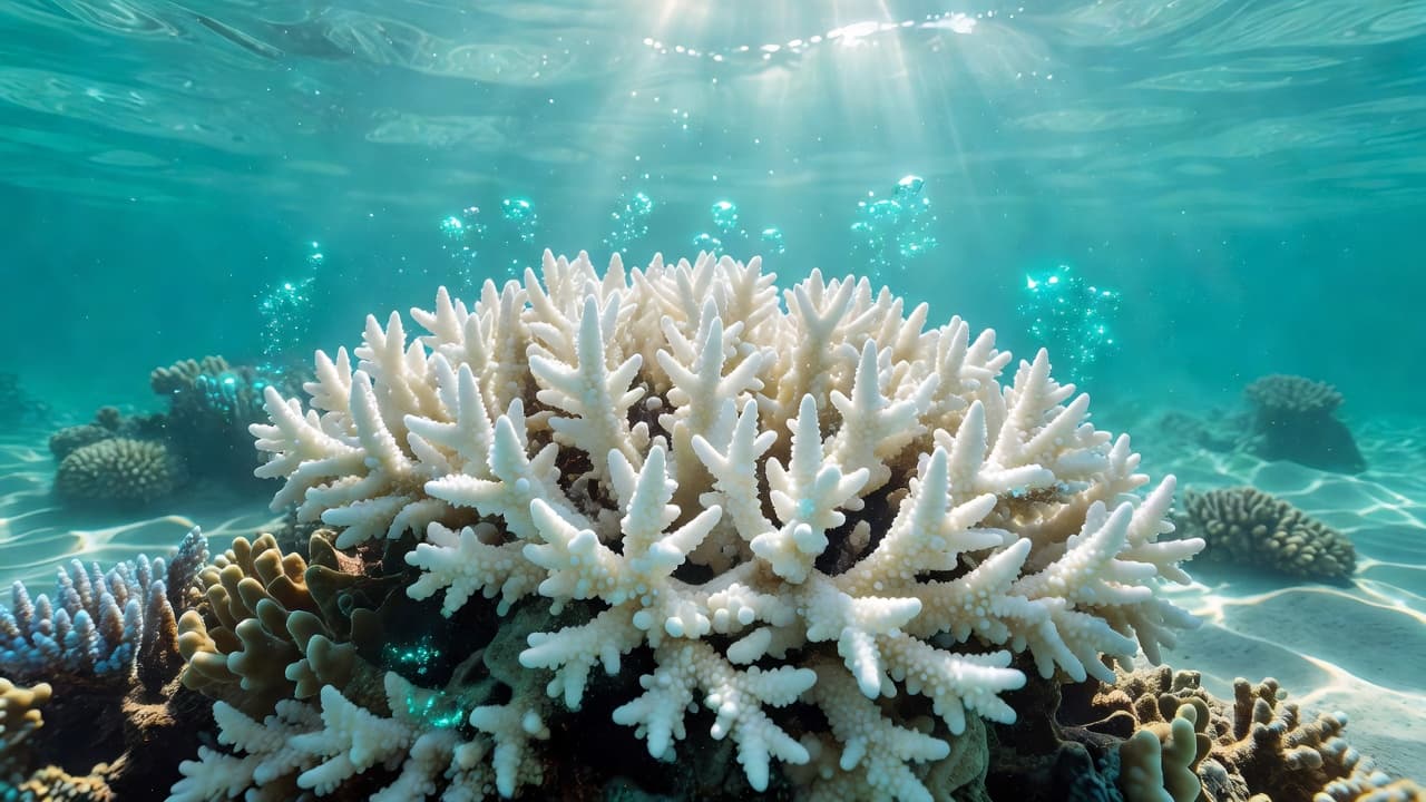 Sunlight filters through the turquoise water, illuminating a stark white bleached coral structure resting on the seabed. The clear ocean environment highlights the contrast between the damaged reef and light.