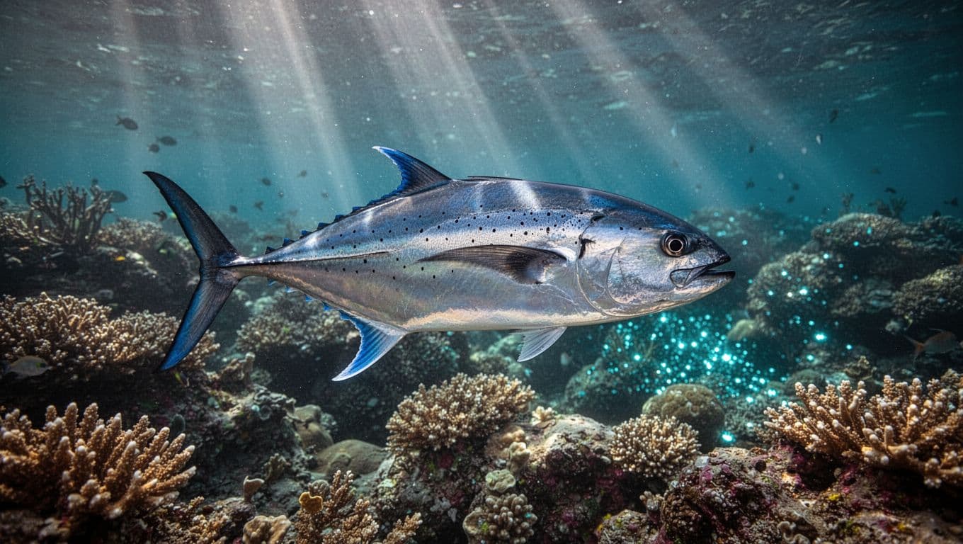 A metallic bluefin trevally swims through clear ocean water above a brightly colored Hawaiian coral reef.
